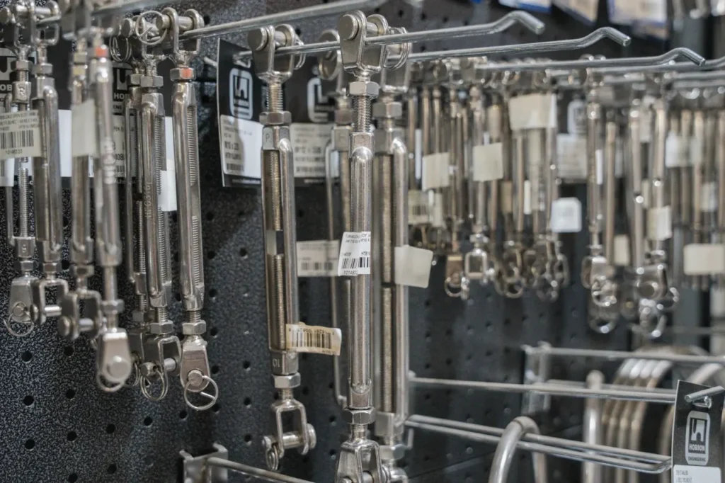 Stainless rigging screws on display
