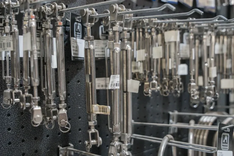Stainless rigging screws on display