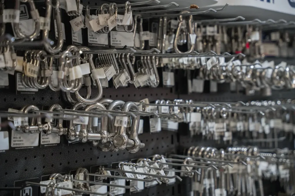 Stainless shackles and hardware on display